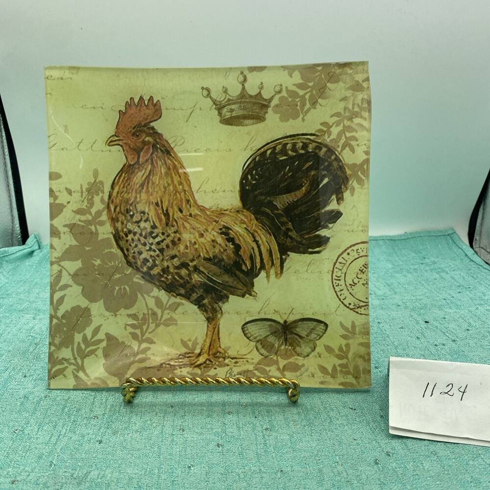 7.75” Square Glass Pale Green/Yellow Plate With Rooster And Butterfly